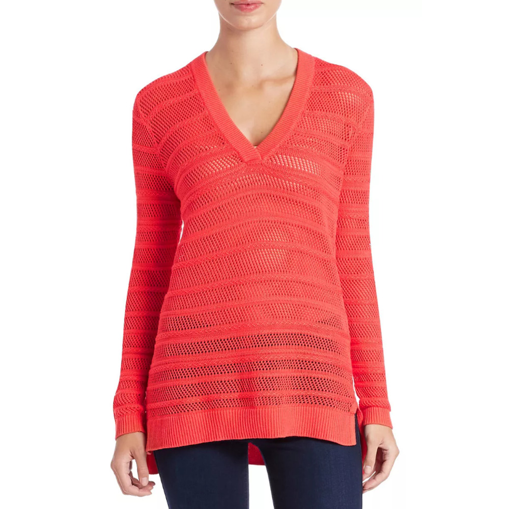 Michael Kors Coral V-Neck Open Knit Hi-Lo Hem Pullover‎ Sweater Womans Size 1X
